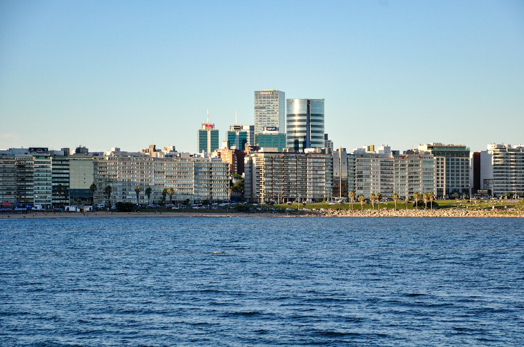 Panoramic view of Montevideo's coastal promenade at dusk