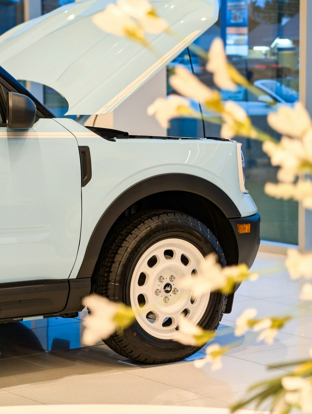 person inspecting car at dealership